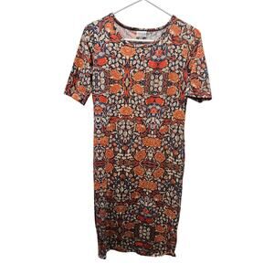 LuLaRoe Julia Dress Floral Orange Gray Print Fitted Knit Bodycon Sz S